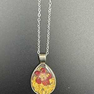 Silver Pendant Necklace with Red Flower and Gold Accents